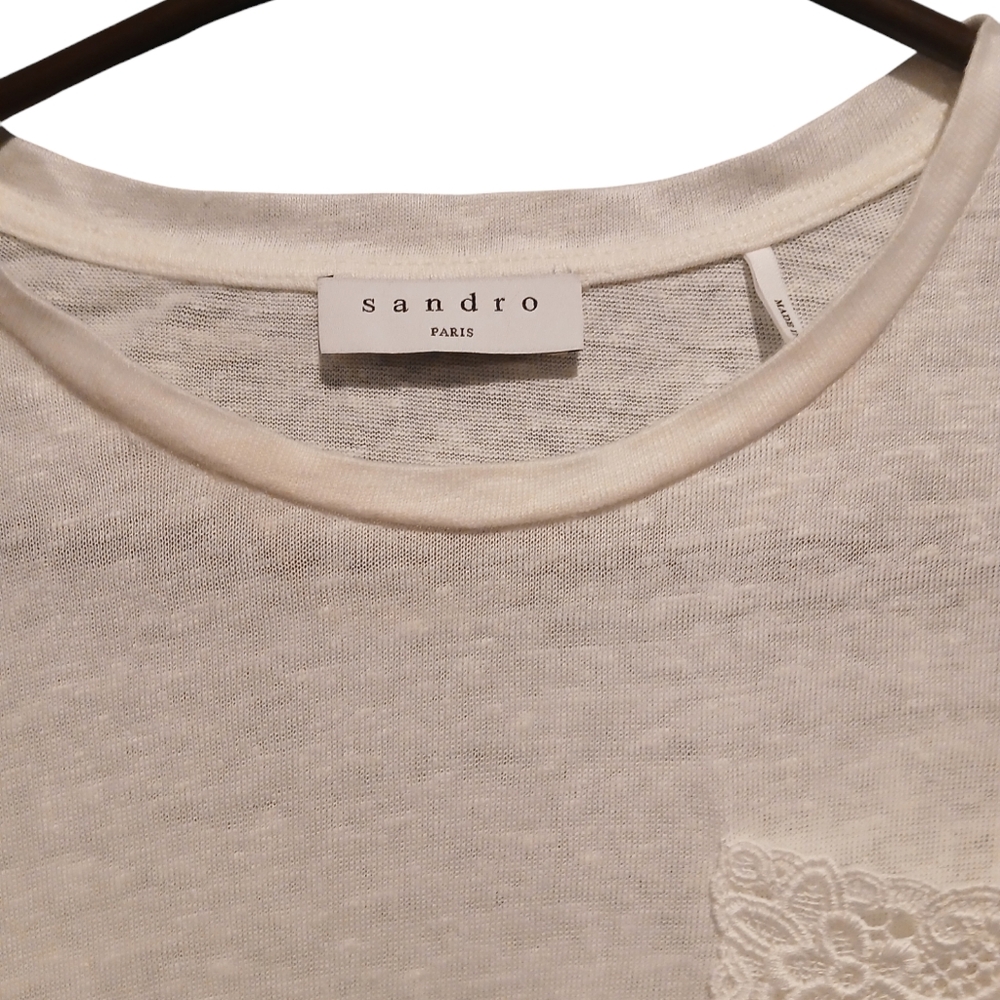 Sandro Boxy Cropped Lace Pocket Cream Ivory Tshirt Womans Lagenlook - Picture 3 of 10